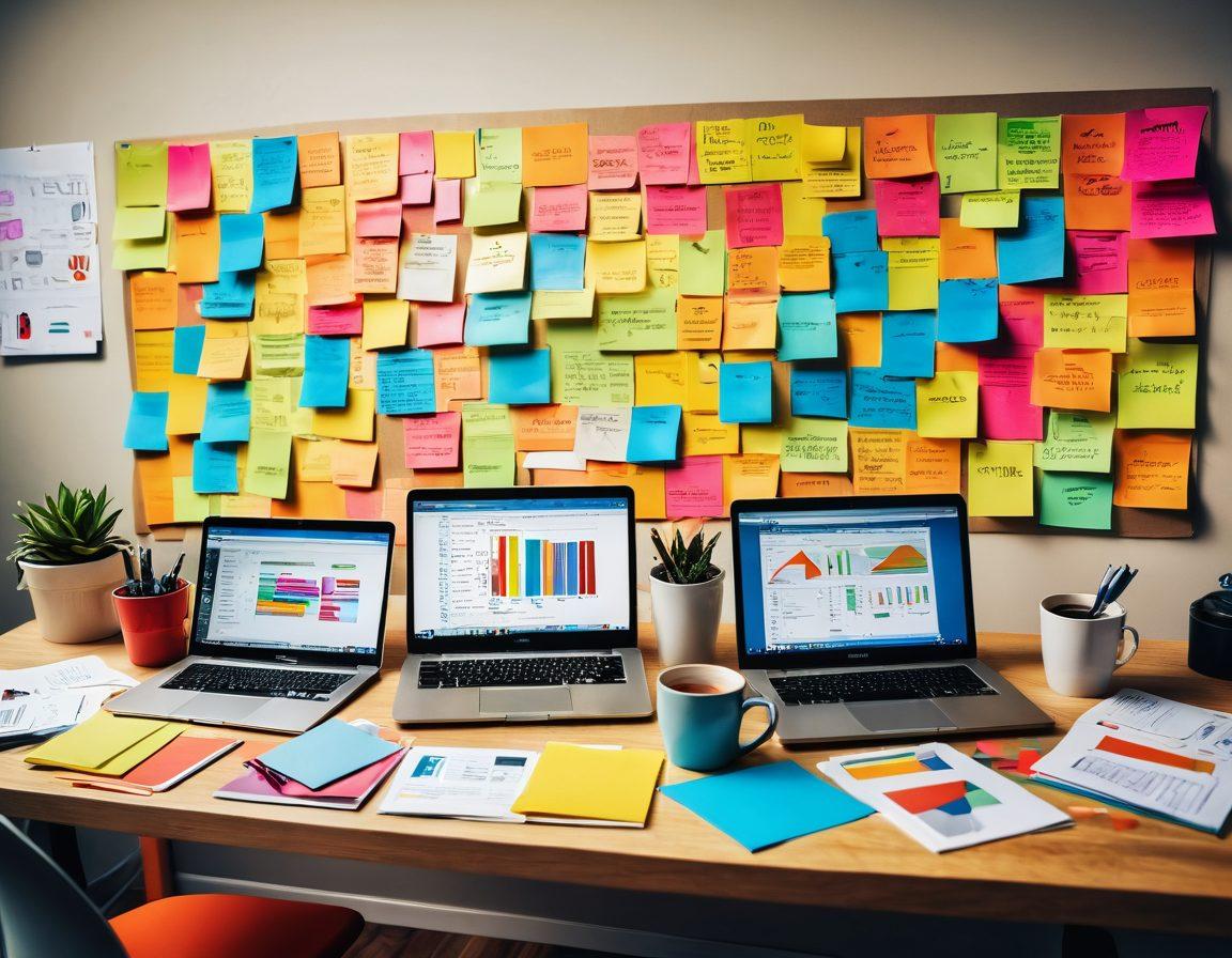 A dynamic workspace filled with vibrant laptops displaying analytics and blog stats, surrounded by cheerful bloggers engaging in discussions. Colorful post-it notes and coffee cups scattered across the table, depicting a collaborative atmosphere. Include charts and social media icons in the background to represent tools for boosting engagement. super-realistic. vibrant colors. modern design.