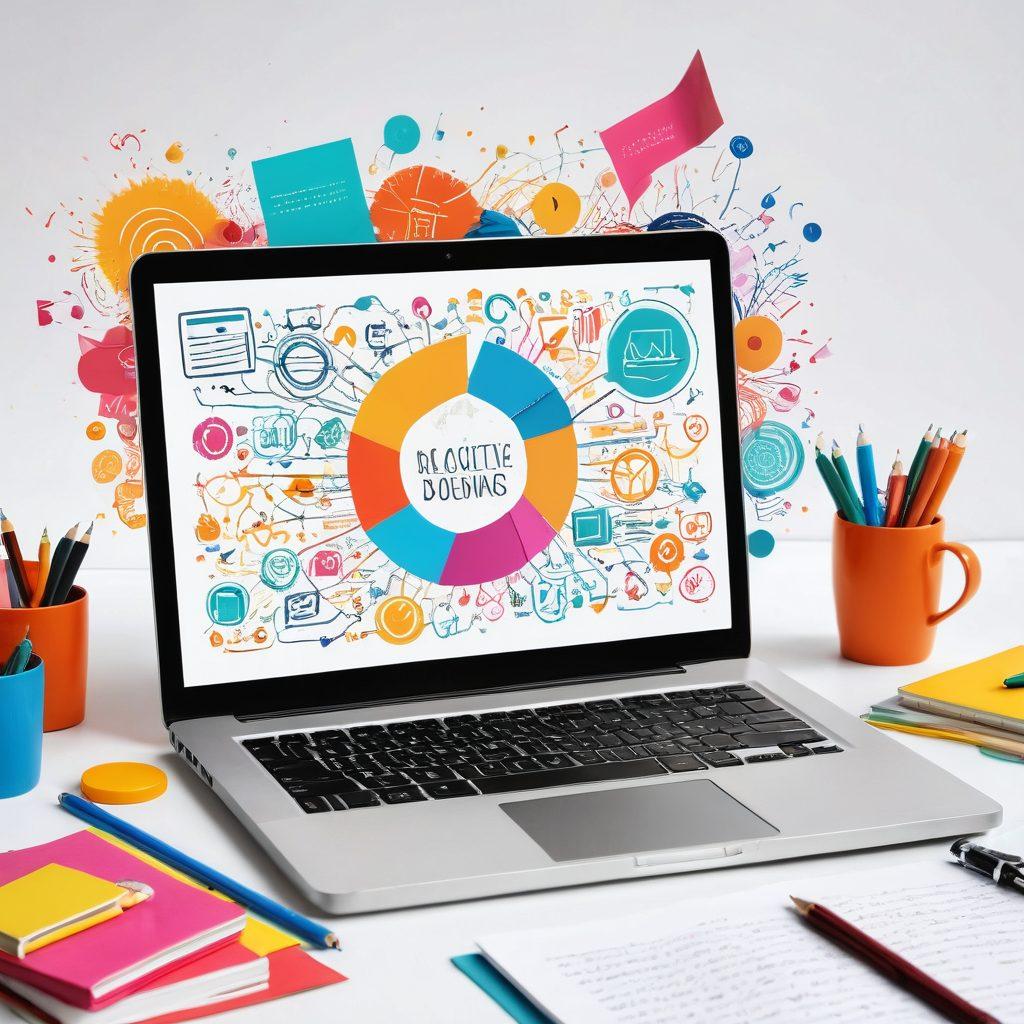 An open laptop displaying a beautifully designed blogging platform, surrounded by vibrant notes and colorful stationery, symbolizing creative ideas. In the background, an abstract representation of a digital community with interconnected nodes and figures engaging in discussions. The atmosphere is inspiring and energetic, reflecting ambition and growth. super-realistic. vibrant colors. white background.