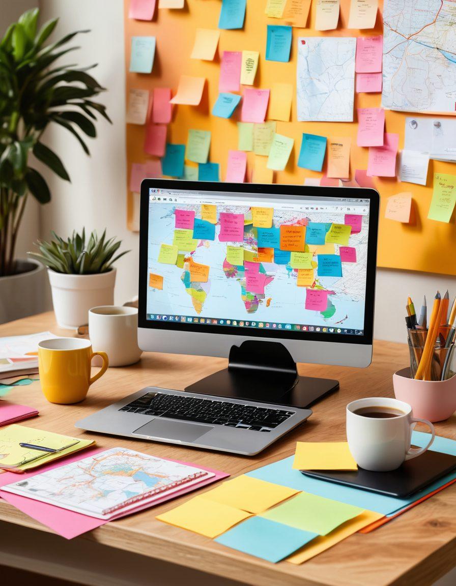 A creative workspace featuring a vibrant desk with a laptop open, surrounded by colorful sticky notes, coffee cups, and inspirational books. In the background, a digital map displaying the Vertor community connects various blogs, symbolizing collaboration and growth. Bright, inviting colors emphasizing creativity and energy. modern vector art style. vibrant colors.